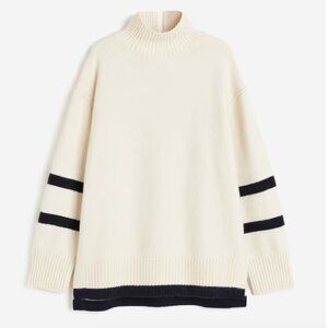 H&M Oversized Sweater High Neck Wool Blend Cream Navy Blue Stripe Ribbed Small